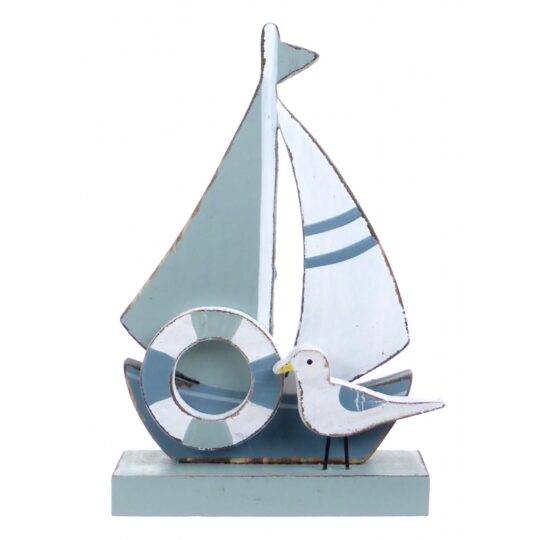 Wooden Sailboat with Seagull (Rustic Blue) by Quay Traders - 8221