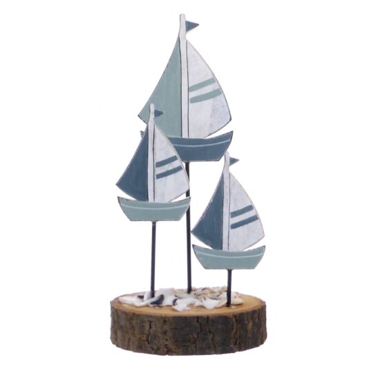 Wooden Triple Boats on Log (Rustic Blue) by Quay Traders - 8224