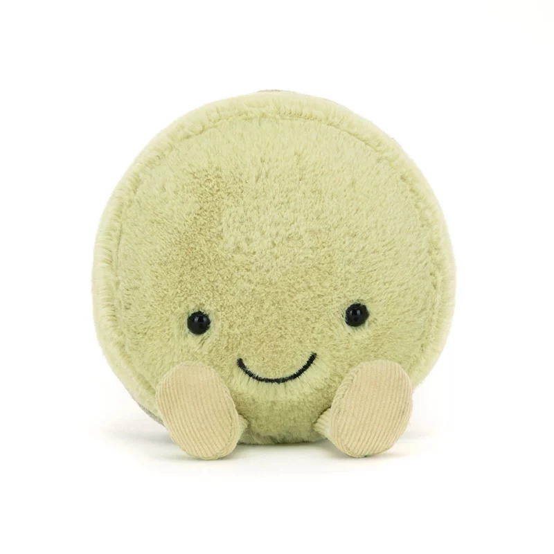 Alternative front view of the Jellycat Amuseable Max Macaron, showcasing its cheerful expression and soft green texture.