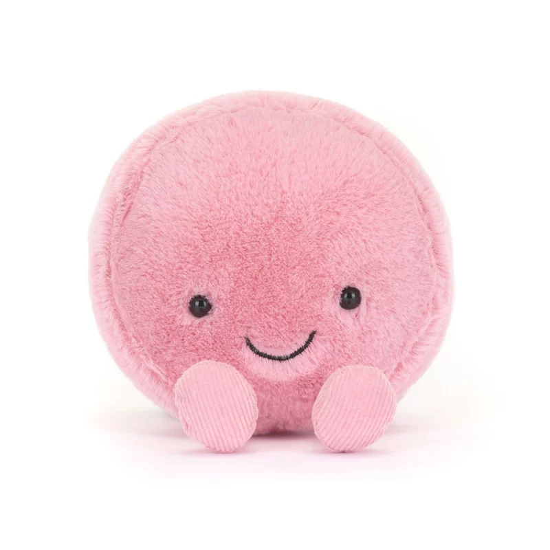 Alternative front view of the Jellycat Amuseable Mia Macaron, showcasing its soft strawberry fur and sweet smile.