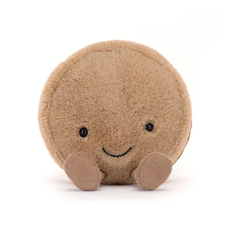 Alternative front view of the Jellycat Amuseable Mona Macaron, showing the plush texture of the chocolate fur and the smiling face.