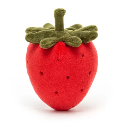 Side view of the Jellycat Fabulous Fruit Strawberry highlighting its soft green stalk and leaf hat.