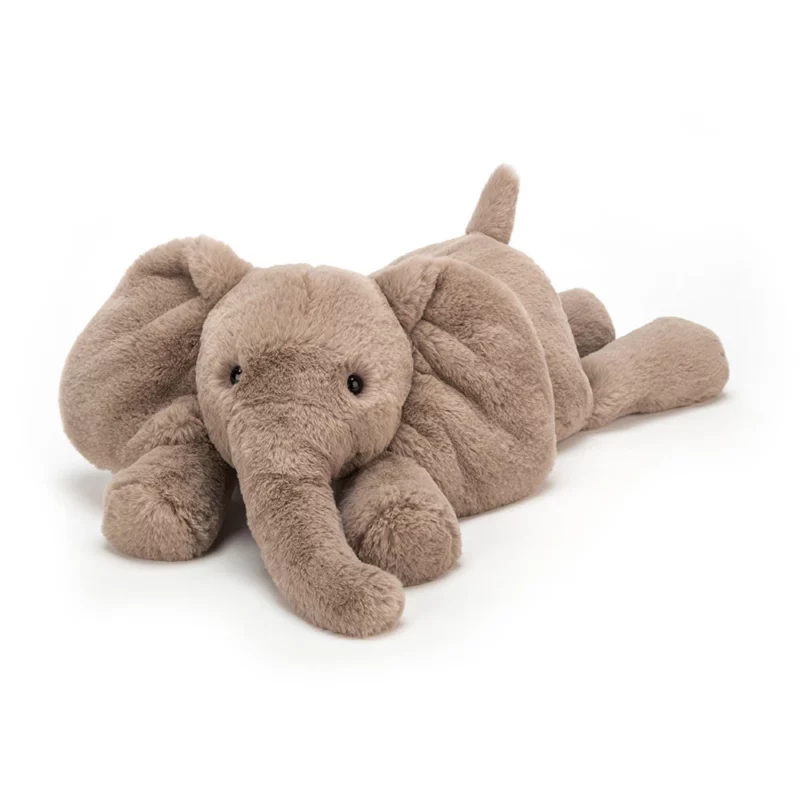 Front view of Jellycat Smudge Elephant, with its floppy grey ears and long trunk.