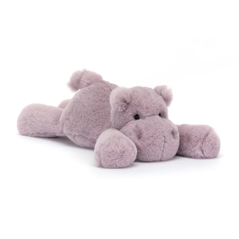 Front view of the Jellycat Smudge Hippo, showing its soft lilac fur and stitched nostrils with a cuddly, relaxed posture.