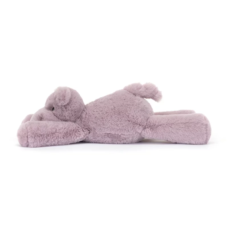Side view of the Jellycat Smudge Hippo, featuring its plush, long limbs and dainty ears in soft lilac fur.