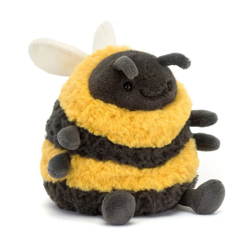 Front view of the Jellycat Albee Bee, featuring thick yellow and black striped fur, curved charcoal antennae, and a cheerful stitched smile.