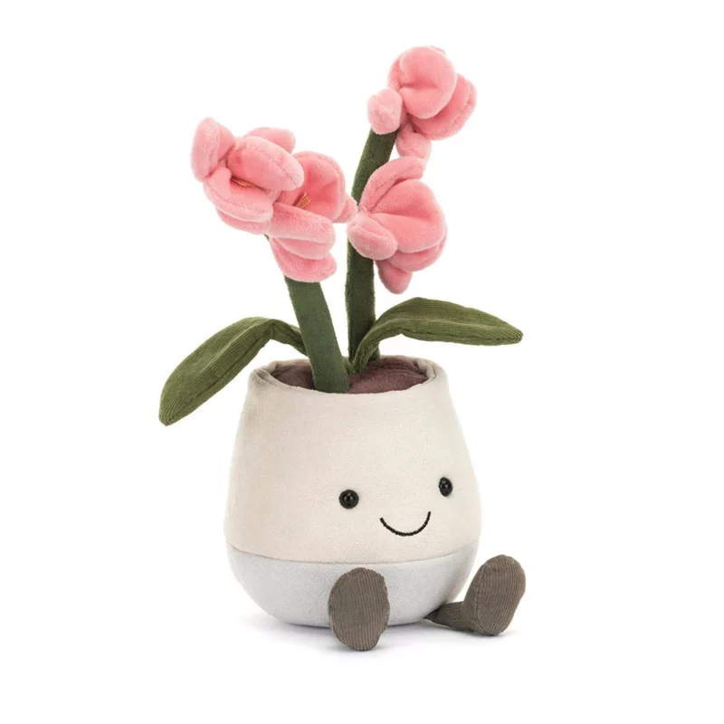 Front view of the Jellycat Amuseable Pink Orchid, featuring bold pink flowers, orange columns, sturdy suedette stalks, and a trendy two-tone pot with a stitched smile.