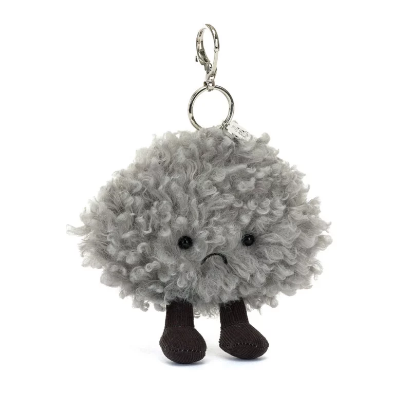Front view of the Jellycat Amuseable Storm Cloud Bag Charm, featuring fluffy textured grey fur, a stitched frown, and fine cord boots.