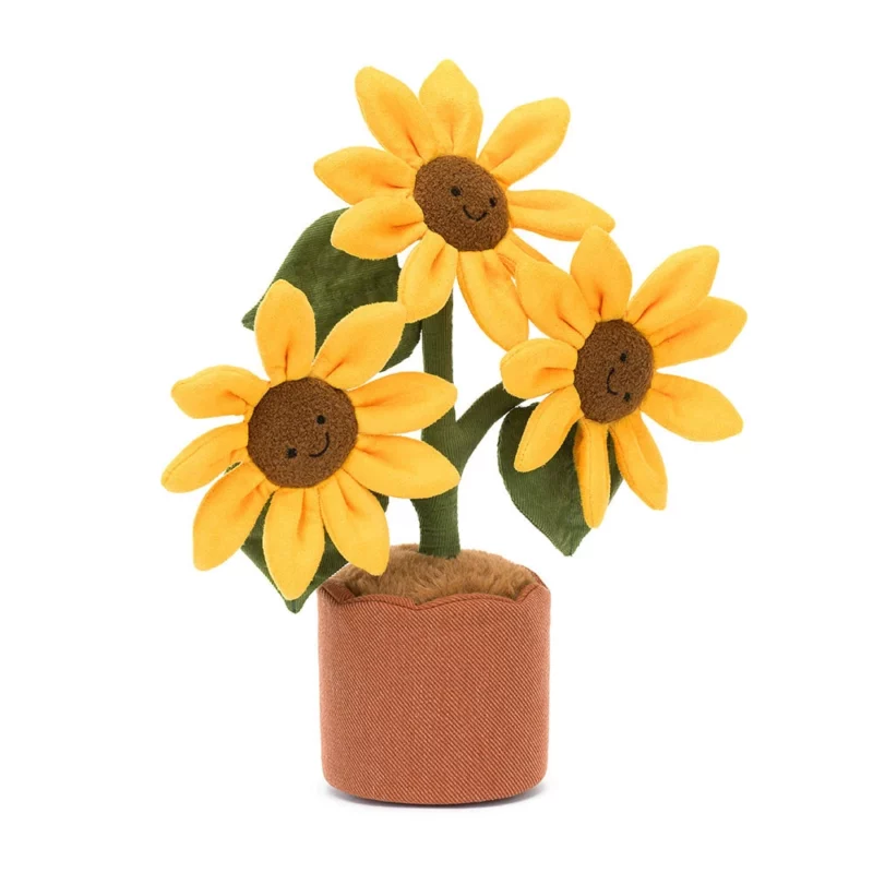 Front view of the Jellycat Amuseable Sunflower, showcasing a trio of bright yellow sunflowers with brown fur faces, standing in a brown linen pot.