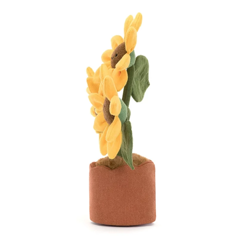 Side view of the Jellycat Amuseable Sunflower, highlighting its deep green stalks and yellow petals with the brown linen pot.