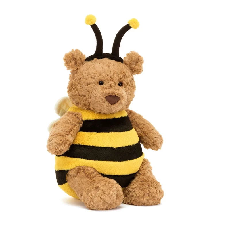 Front view of the Jellycat Bartholomew Bear 'Bumblebee', featuring a soft toffee-colored bear in a removable stripey yellow and black bee costume with a fixed antennae headband.
