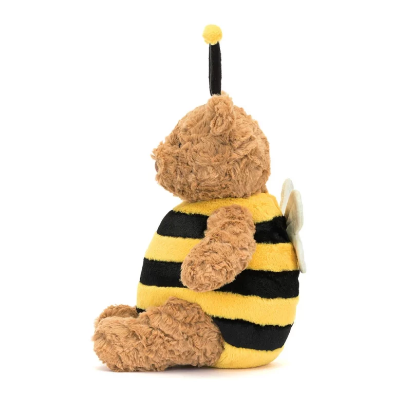 Side view of the Jellycat Bartholomew Bear 'Bumblebee', showing the fluffy bear dressed in a removable bee costume with visible antennae and soft wings.
