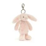 Alternative front view of the Jellycat Bashful Blush Bunny Bag Charm, focusing on the bunny's adorable lop ears, blush pink fur, and pale pink nose.