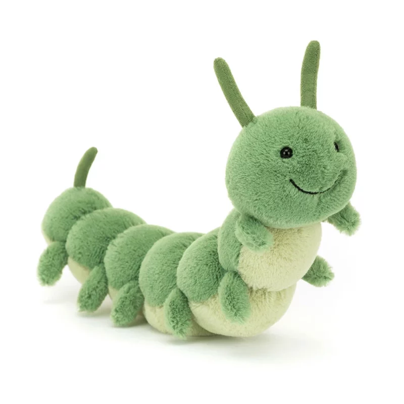 Front view of the Jellycat Carys Caterpillar, featuring moss green fur, a pale green tummy, and a big stitched smile with adorable suedette antennae.
