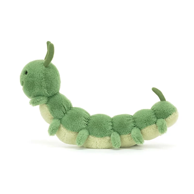 Side view of the Jellycat Carys Caterpillar, showcasing its segmented body detail, little legs, and soft moss green fur.