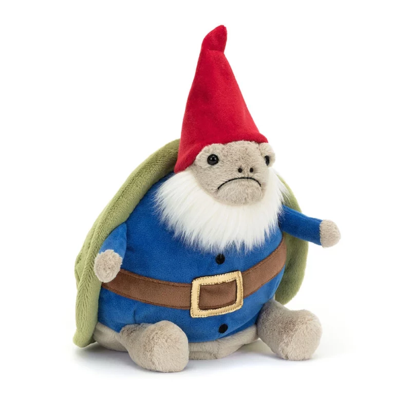 Front view of the Jellycat Timmy Turtle 'Garden Gnome,' featuring a grumpy turtle with a deep blue tunic, brown belt, green shell, red hat, and fluffy cream beard.