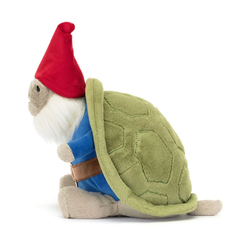 Side view of the Jellycat Timmy Turtle 'Garden Gnome,' showcasing the green shell, red hat, and detailed costume elements.