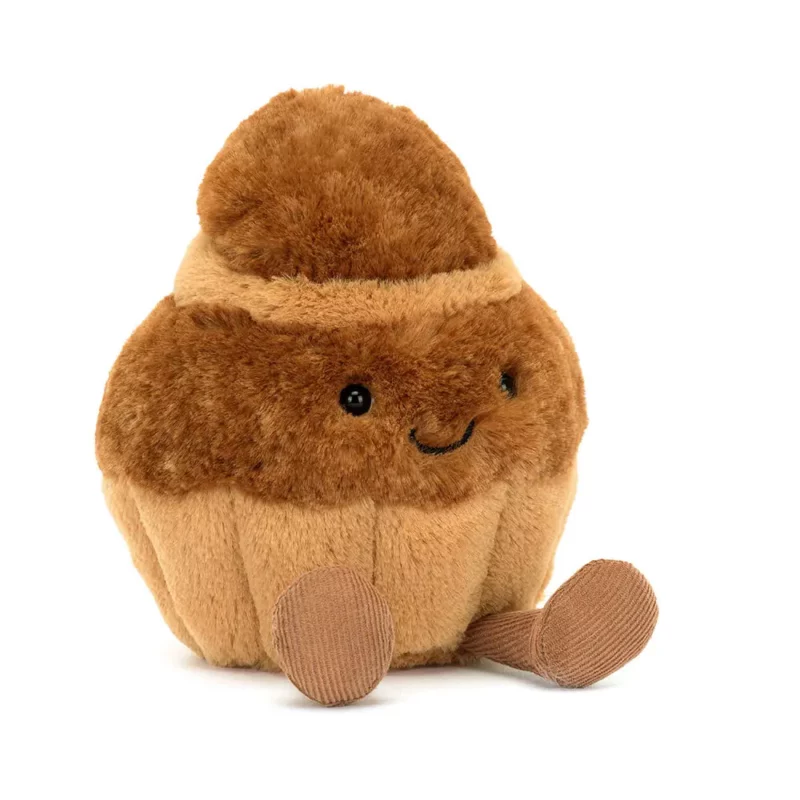 Front view of the Jellycat Amuseable Brigitte Brioche, showcasing its soft textured brown and beige fur, fine cord legs, and sweet embroidered smile.