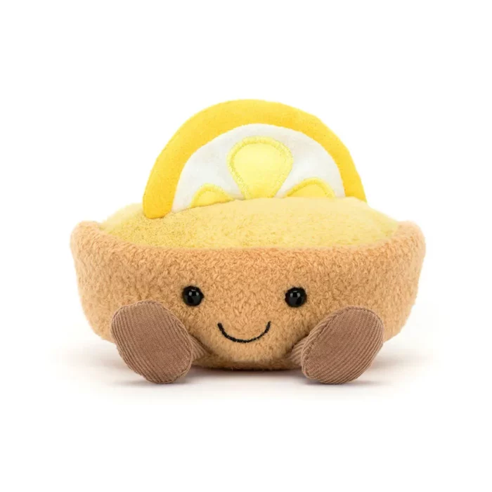Alternative front view of the Jellycat Amuseable Collette Tarte Au Citron, emphasising its sweet stitched smile, soft pastry details, and bright lemon garnish.