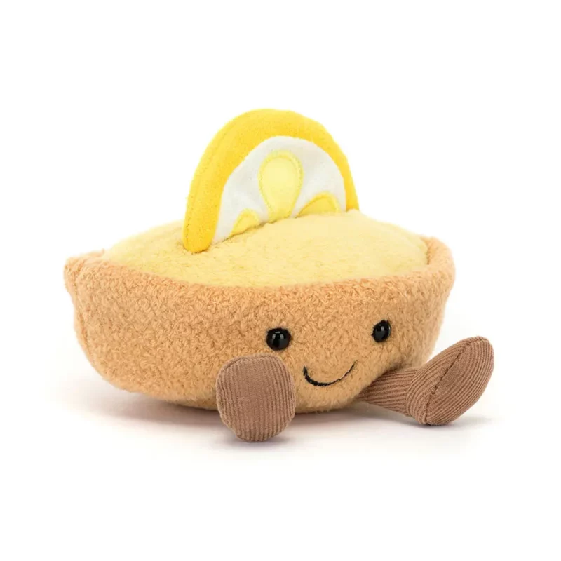 Front view of the Jellycat Amuseable Collette Tarte Au Citron, showcasing its golden pastry base, soft lemon custard filling, and stitched lemon slice.