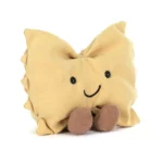 Front view of the Jellycat Amuseable Farfalle, showcasing its soft golden suedette fabric, ruffled pasta edges, and friendly embroidered smile with cordy legs.
