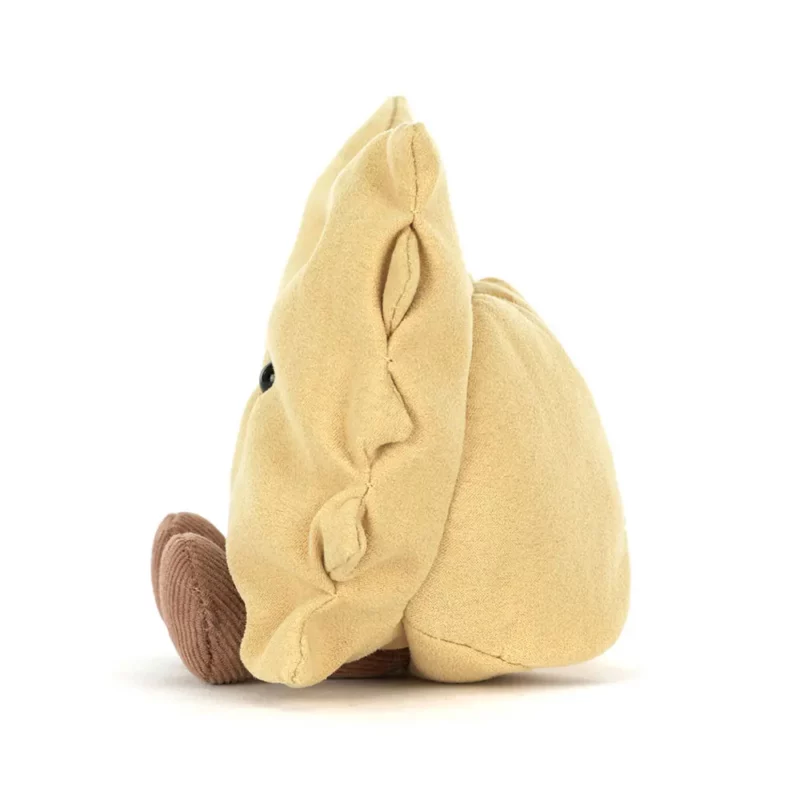 Side view of the Jellycat Amuseable Farfalle, highlighting the carefully stitched crimped pasta folds and plush texture.