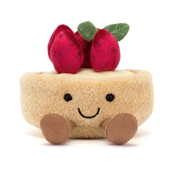 Alternative front view of the Jellycat Amuseable Fleurette Tarte Aux Fraises, emphasising its embroidered smile, soft pastry base, and cute plush strawberries.