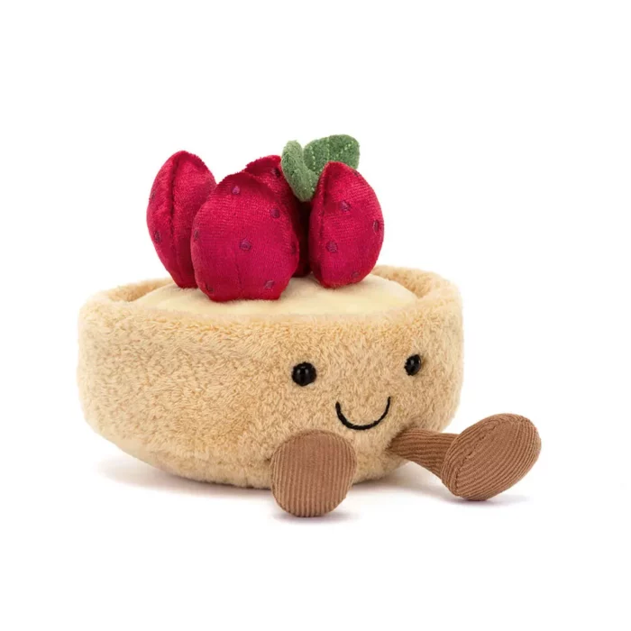 Front view of the Jellycat Amuseable Fleurette Tarte Aux Fraises, showcasing its golden pastry base, soft cream filling, and plush red strawberries with stitched pips.