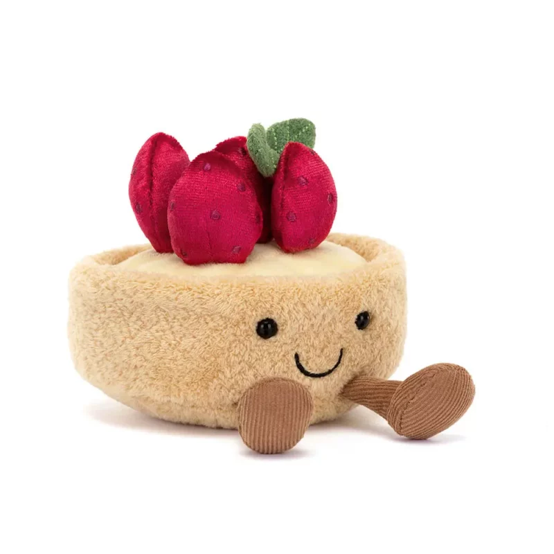 Front view of the Jellycat Amuseable Fleurette Tarte Aux Fraises, showcasing its golden pastry base, soft cream filling, and plush red strawberries with stitched pips.