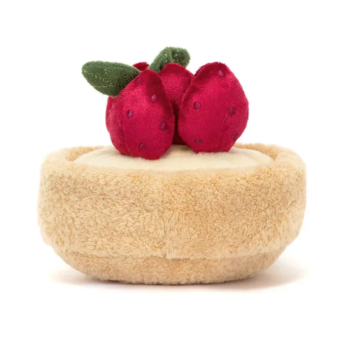 Rear view of the Jellycat Amuseable Fleurette Tarte Aux Fraises, focusing on the plush red strawberries, stitched details, and golden tart crust.