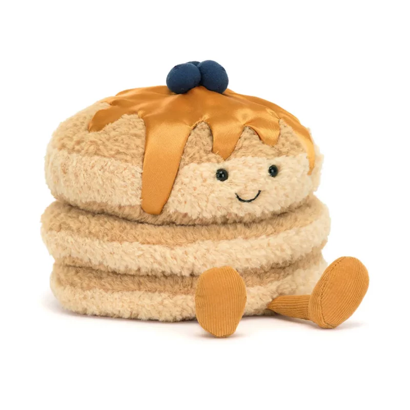 Front view of the Jellycat Amuseable Fran Pancakes, featuring a soft stack of three golden pancakes, silky syrup drizzles, and plush blueberries on top.