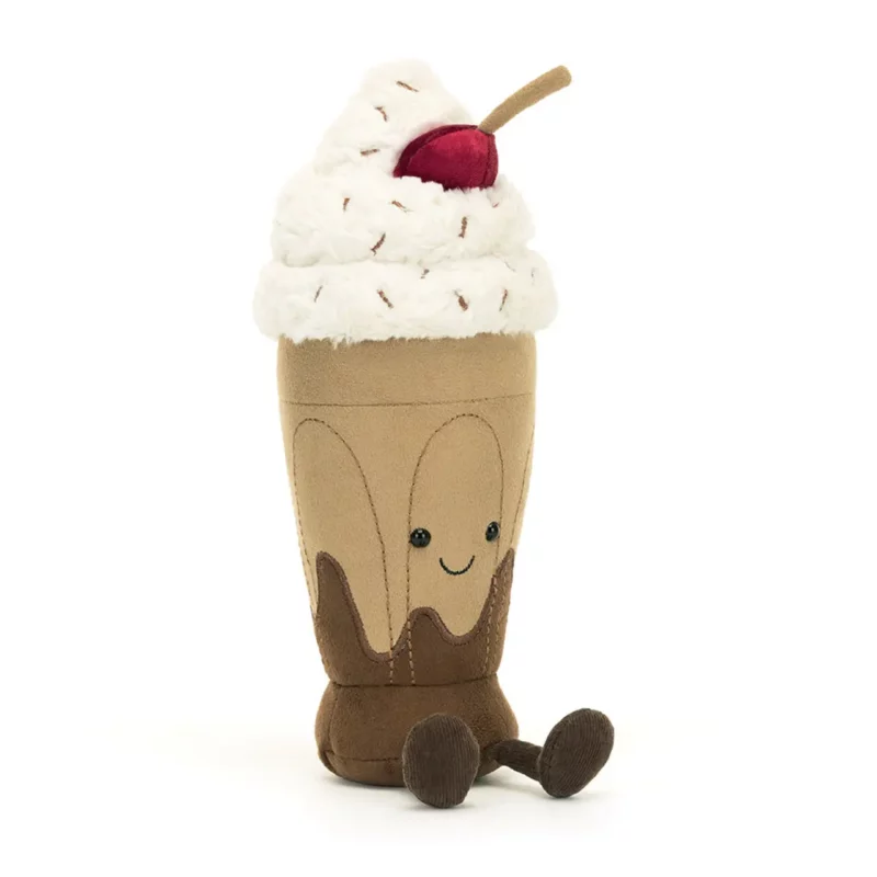 Front view of the Jellycat Amuseable Marin Chocolate Milkshake, showcasing its soft suedette cup, creamy whipped topping, and velveteen cherry.