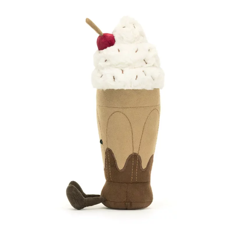 Side view of the Jellycat Amuseable Marin Chocolate Milkshake, highlighting the stitched chocolate drizzle and its adorable cocoa cordy legs.