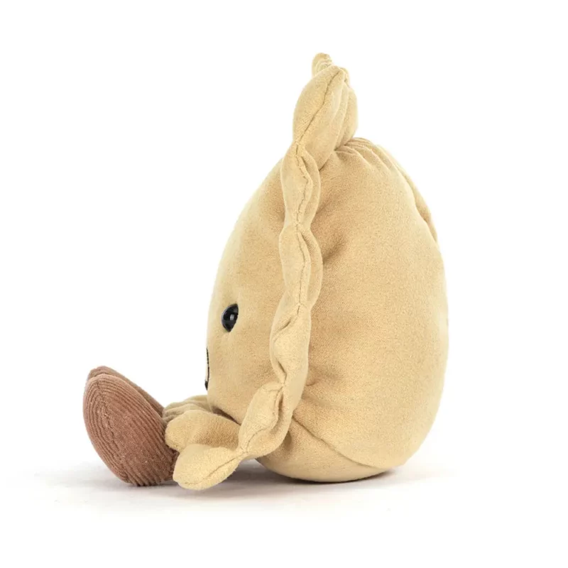 Side view of the Jellycat Amuseable Ravioli, showcasing its three-dimensional shape, soft padding, and corduroy-textured feet.