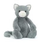 Front view of the Jellycat Bashful Kitten, showcasing its soft grey fur, cream muzzle, and pink nose.