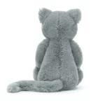 Rear view of the Jellycat Bashful Kitten, focusing on the fluffy back and long, curled tail.