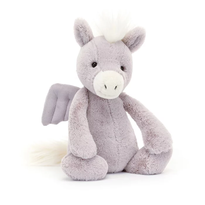 Front view of the original sized Jellycat Bashful Pegasus, showcasing its soft lavender fur, cream snout, fluffy mane, and delicate plush wings.