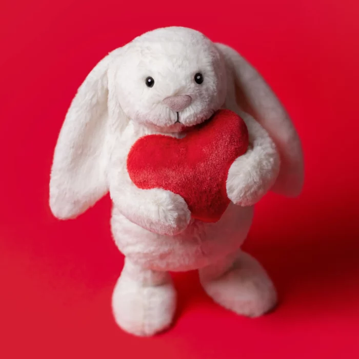 Close-up of the original Jellycat Bashful Red Love Heart Bunny holding a plush red heart, against a red background.