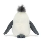 Rear view of the Jellycat Chip Seagull, displaying its plush cream fur, dark grey wings, and fluffy grey tuft on its head.