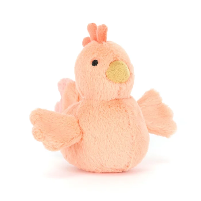 Front view of the Jellycat Fluffy Chicken, featuring soft pale orange fur, a dark orange comb, a yellow suedette beak, and fluffy wings ready for take-off.