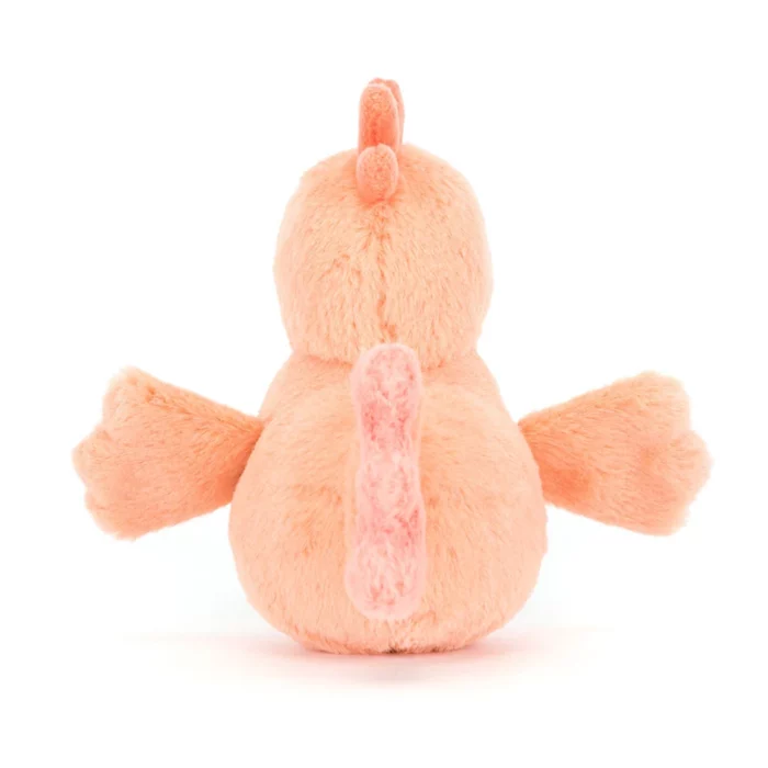 Rear view of the Jellycat Fluffy Chicken, highlighting its fluffy pale orange fur, scalloped tail, and outstretched wings.