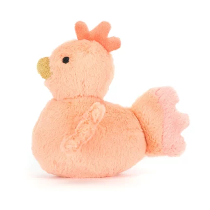 Side view of the Jellycat Fluffy Chicken, showcasing its round plush body, scalloped tail, and tiny wings in a soft pale orange hue.