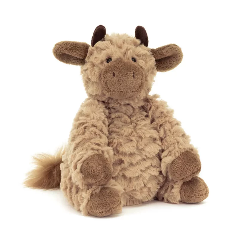 Front view of the Jellycat Fuddles Calf, showcasing its plush, textured fur, floppy ears, and soft brown hooves.