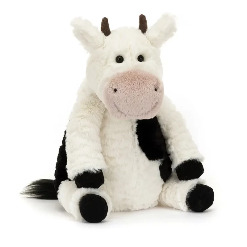 Front view of the Jellycat Mooliet Cow, showing its soft cream and black fur, stitched smile, and plush hooves.