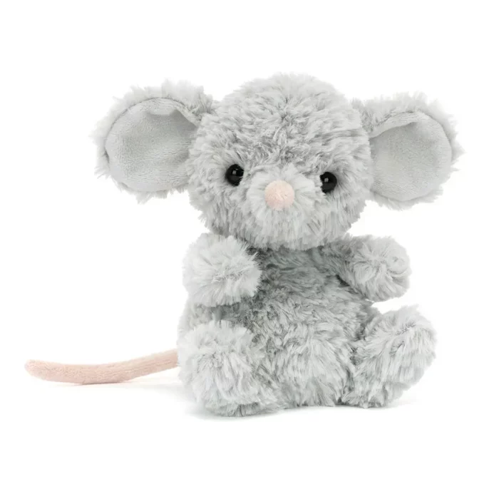 Front view of the Jellycat Yummy Mouse, showcasing its textured grey fur, large ears, and tiny pink nose.