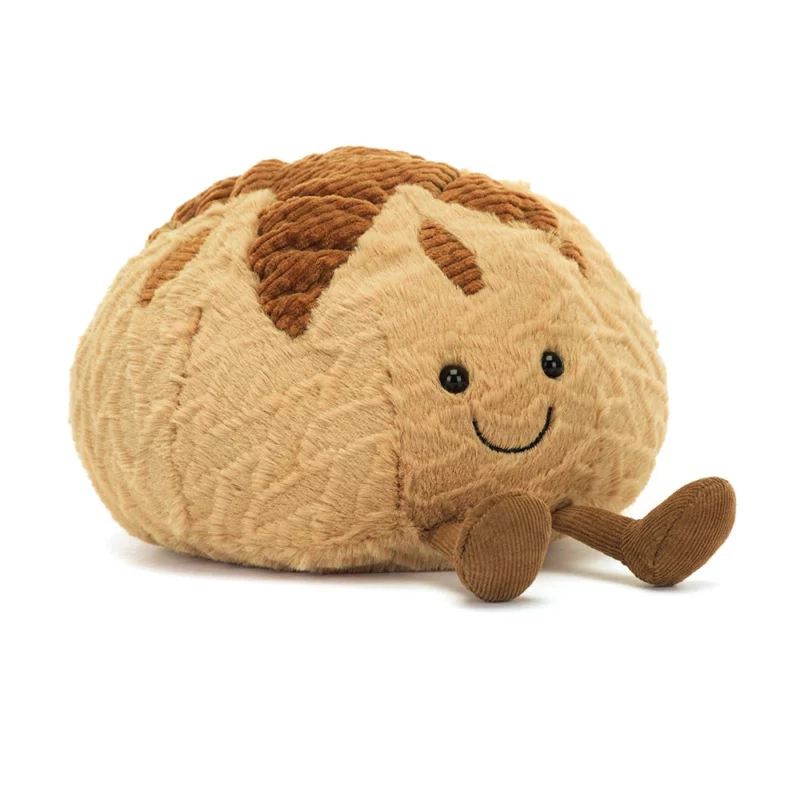 Front view of the Jellycat Amuseable Sourdough with a stitched smile and corduroy legs.