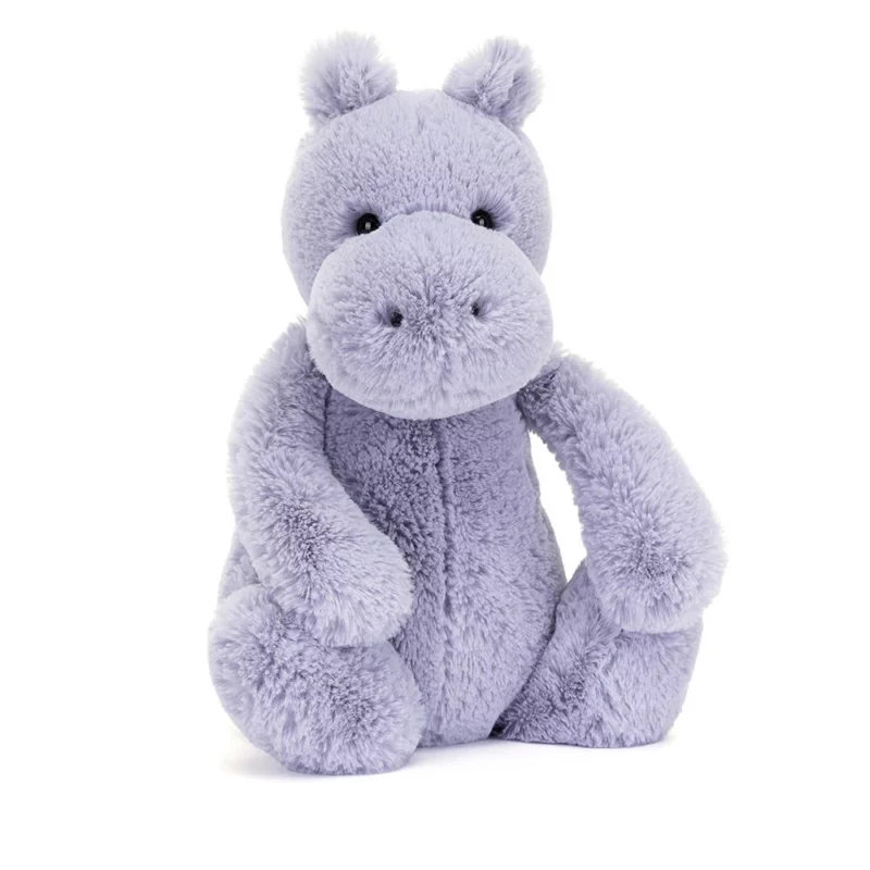 Front view of the Jellycat Bashful Hippo in soft lilac fur with a large snout and floppy arms.