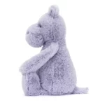 Side view of the Jellycat Bashful Hippo, showing its long limbs, stubby tail, and velvety lilac texture.