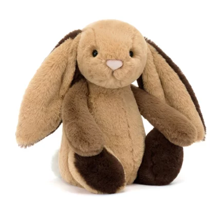 Front view of the Jellycat Bashful Patchwork Brown Bunny with a pink nose and long two-tone ears.