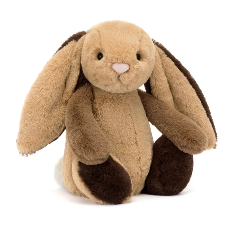 Front view of the Jellycat Bashful Patchwork Brown Bunny with a pink nose and long two-tone ears.